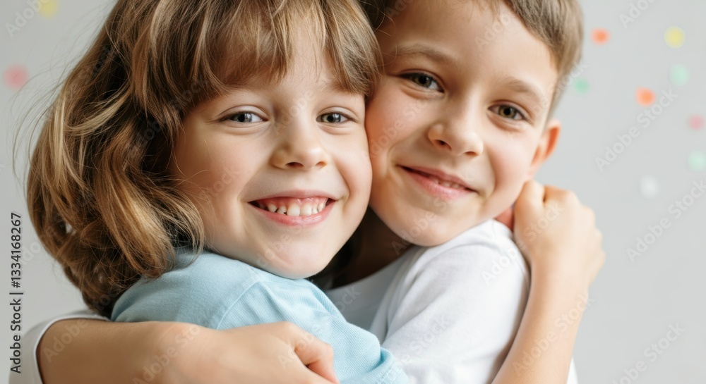 Young caucasian children hugging and smiling cheerfully Young caucasian children hugging and smiling cheerfully