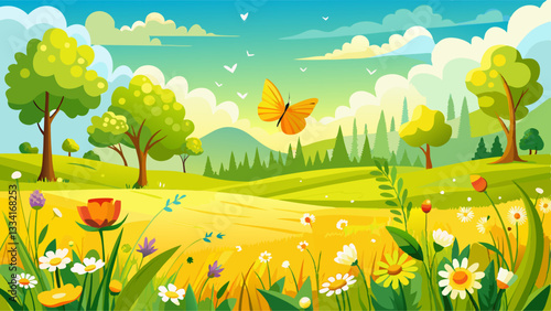 Summer yellow meadow with wildflowers and a fluttering butterfly. Natural widescreen scenery.