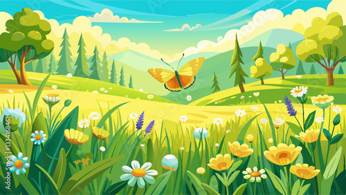 Summer yellow meadow with wildflowers and a fluttering butterfly. Natural widescreen scenery.