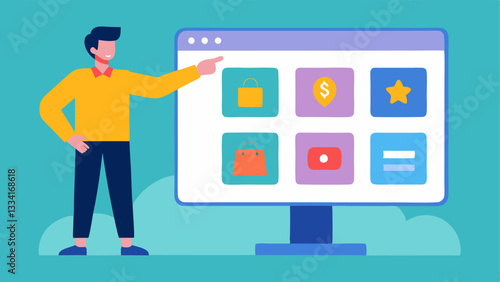 Ecommerce Platform Overview An illustration showing a consultant pointing to a large digital display or monitor that lists various online marketplaces with icons representing