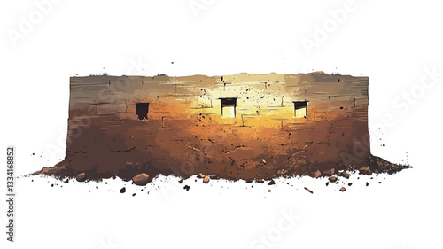 The image depicts a horizontal landscape-oriented view of a low, rectangular earthen structure. The structure is significantly damaged and crumbling, showing signs of erosion and decay.  The walls