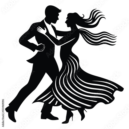 Couple dancing silhouette vector illustration isolated on white background, Silhouette of a dancing couple