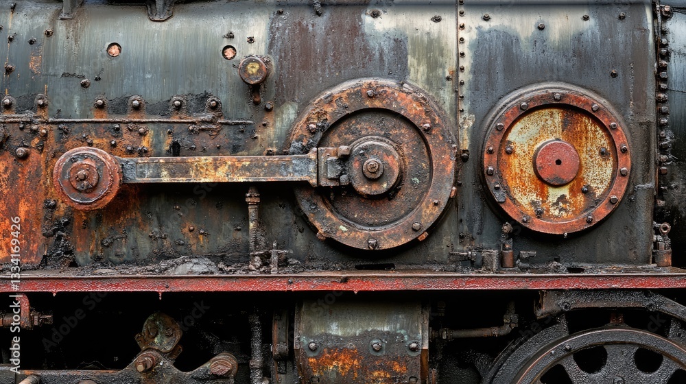 A historic, steam-powered industrial engine with heavy corrosion and worn-out components A historic, steam-powered industrial engine with heavy corrosion and worn-out components