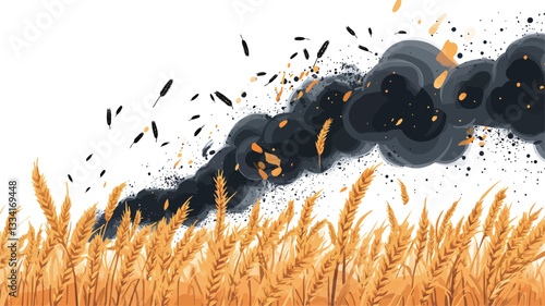 The image shows a stylized depiction of a black smoke plume rising over a field of golden wheat. The smoke is rendered in dark shades of grey and black, with smaller particles dispersed around it.