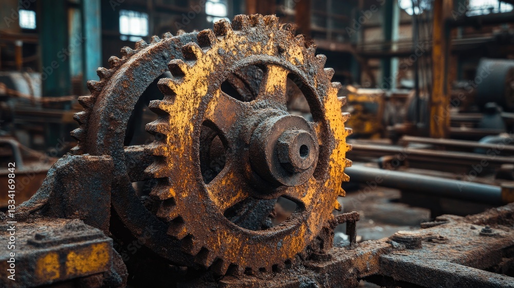 A large, decayed metal gear mechanism covered in oxidation and grime A large, decayed metal gear mechanism covered in oxidation and grime