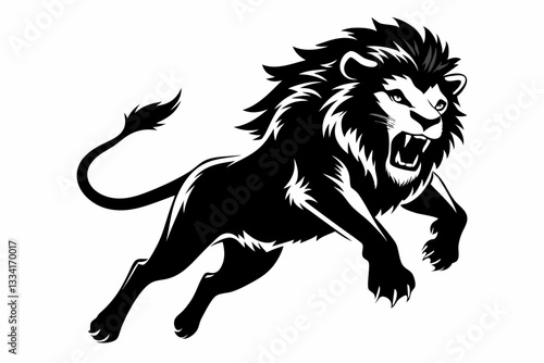 angry lion in a jump line art silhouette vector illustration