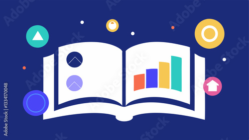 Educational Book An open book with illustrated pages showing diagrams and charts about cryptocurrency and NFTs showcasing them as educational tools for new investors.