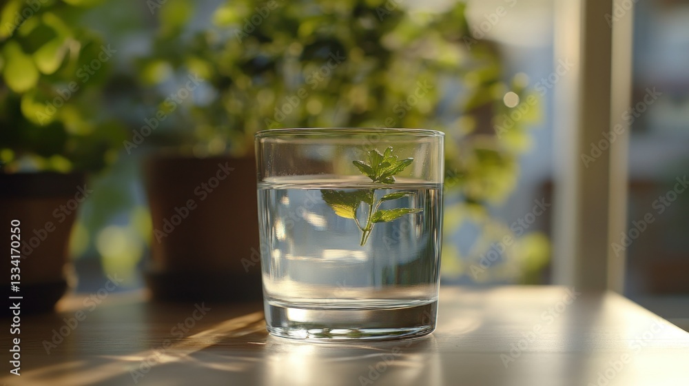 A glass of water with a plant stem is illuminated by light A glass of water with a plant stem is illuminated by light
