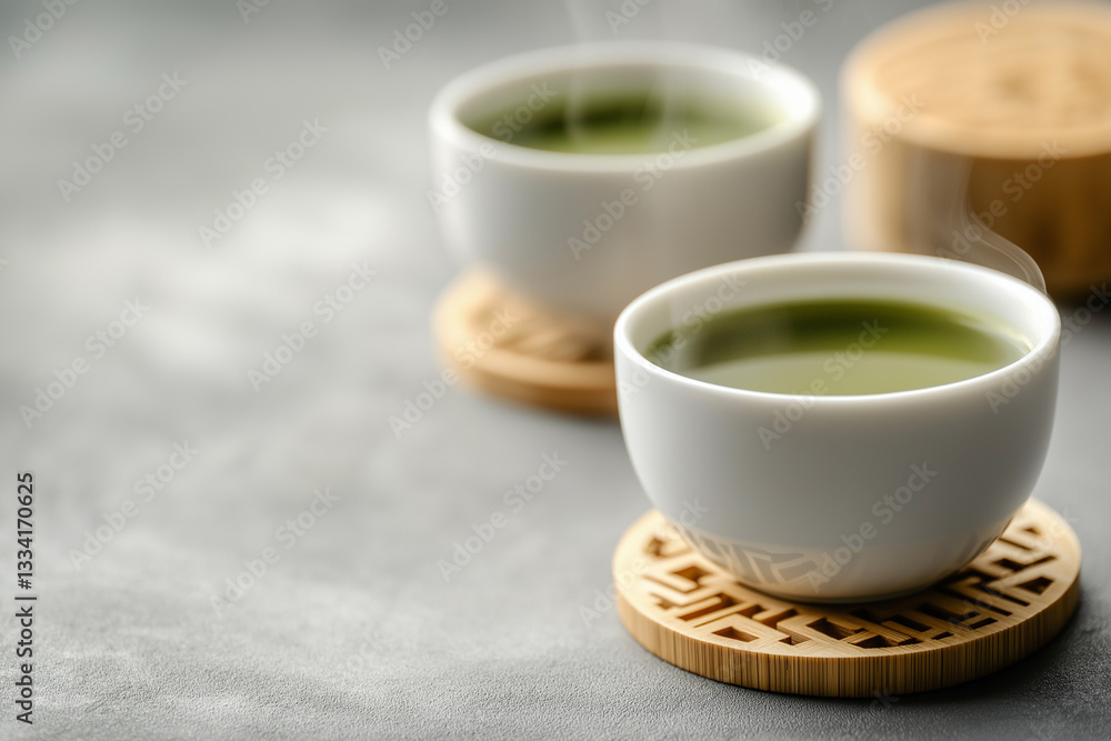 Cup of steaming green tea served in a white ceramic cup placed on a patterned wooden coaster, with a soft gray blurred background and a wooden container complementing the serene aesthetic.
Cup of steaming green tea served in a white ceramic cup placed on a patterned wooden coaster, with a soft gray blurred background and a wooden container complementing the serene aesthetic.