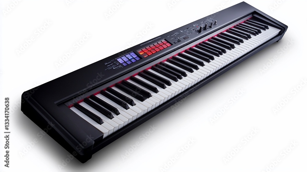 Digital piano with black finish and colorful control panel on white background Digital piano with black finish and colorful control panel on white background