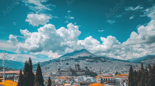 Majestic Quito: Panoramic View of Cityscape, Volcano, and Clouds