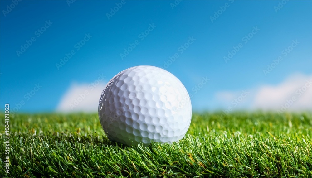 Immaculate golf ball on vibrant green, clear blue sky , championship, close-up Immaculate golf ball on vibrant green, clear blue sky , championship, close-up