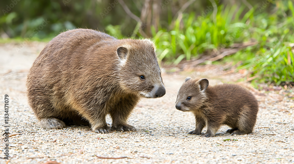 Mother and baby wombat joey in Tasmania, Australia, sharing a tender moment in the wild.
Mother and baby wombat joey in Tasmania, Australia, sharing a tender moment in the wild.