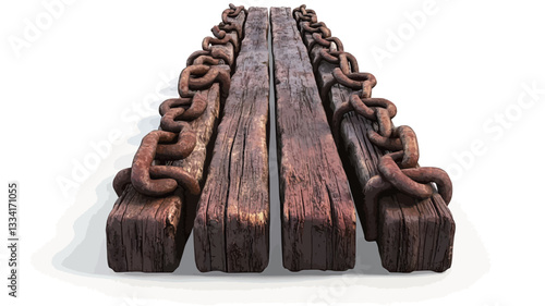 High-angle, close-up view of two weathered, dark brown wooden planks positioned parallel to each other.  The planks show significant signs of age and wear, including cracks and discoloration.