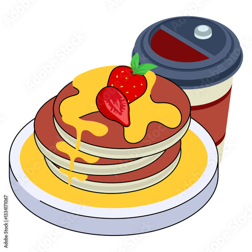 Pancakes With Strawberry Sauce with maple syrup isometric Concept, French Crepes vector icon design, Cooking breakfast symbol, Morning Meal Dishes Sign, Restaurant or cafe menu stock illustration