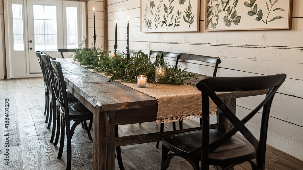 Fototapeta premium A rustic countryside barn dining room featuring a long