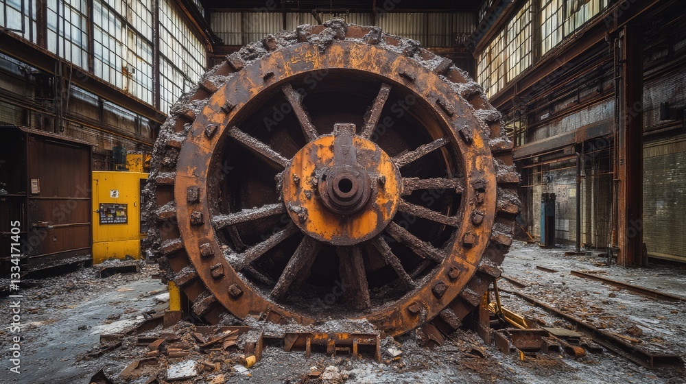 A massive, rusted flywheel with cracked surfaces and metal debris surrounding it