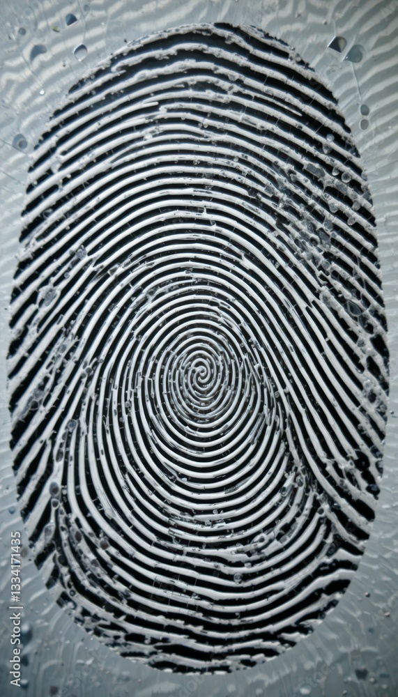 Close-Up of Detailed Fingerprint on Reflective Surface with Water Close-Up of Detailed Fingerprint on Reflective Surface with Water