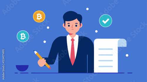 Document Signing An official wearing a suit is seen signing a document labeled Crypto Regulations with digital currency symbols in the background symbolizing the formalization of