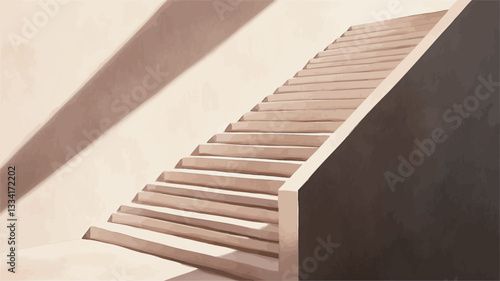 The image shows a minimalist depiction of a staircase.  The staircase ascends from the bottom left to the upper right of the frame. The stairs and walls are a light beige or off-white color. Strong