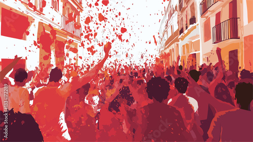 The image depicts a large crowd of people celebrating in a city street. The scene is filled with a dynamic energy, with many people raising their arms and participating in the celebration.