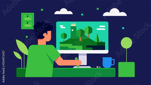 Environment Crafting A designer is working on creating a lush green virtual landscape on a computer screen with plants and trees in the design software. A 3D model of a building is