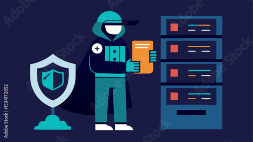 Security Audit A figure dressed in security gear inspecting a server room with highlighted components showing vulnerabilities representing the importance of audits in