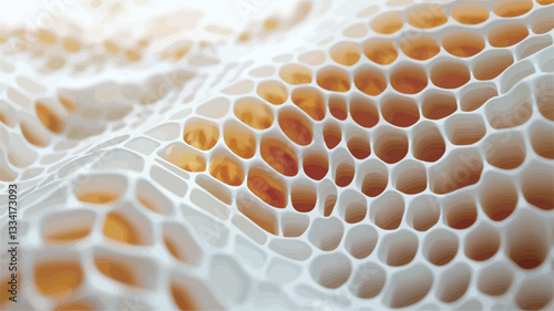 A close-up macro photograph of a honeycomb structure. The image showcases the intricate hexagonal cells of the honeycomb, some filled with golden honey, others empty, revealing the white beeswax