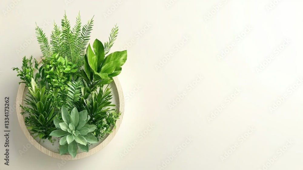 A round wooden planter holding a variety of green plants. A round wooden planter holding a variety of green plants.