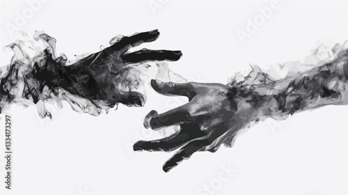 The image is a monochromatic, high-contrast abstract artwork depicting two hands reaching towards each other. The hands appear to be dissolving or emerging from a smoky, textured cloud-like