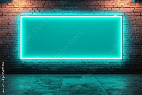 Neon teal sign on brick wall