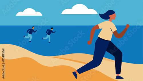 Run Along the Shore A jeanclad runner making a break for it along a beach path with police officers chasing across the sandy area ocean waves crashing nearby.