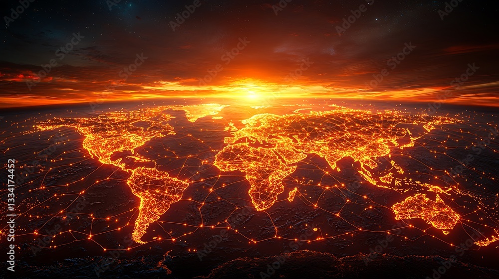A vibrant depiction of the illuminated world from space with a sunset A vibrant depiction of the illuminated world from space with a sunset