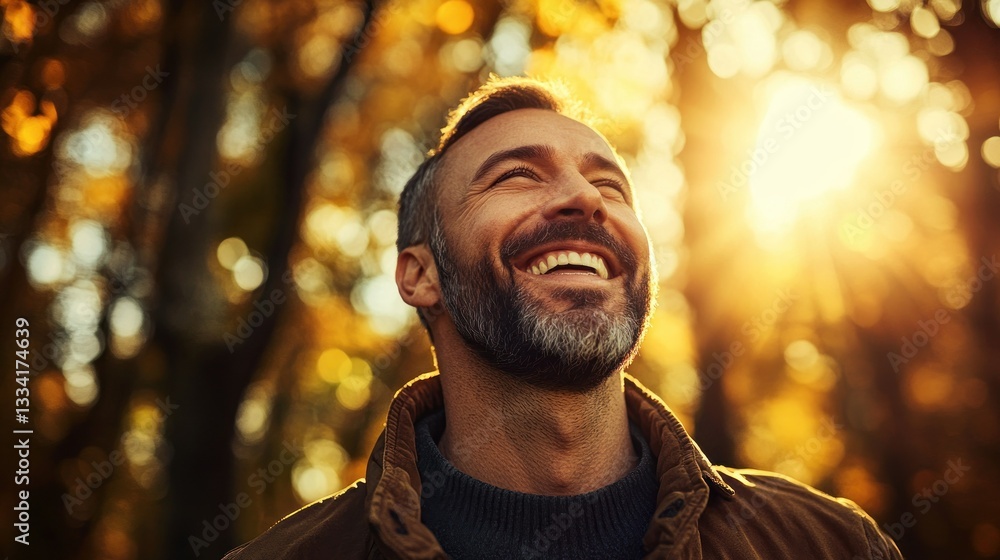 A smiling man is enjoying a warm sunlit day outdoors A smiling man is enjoying a warm sunlit day outdoors