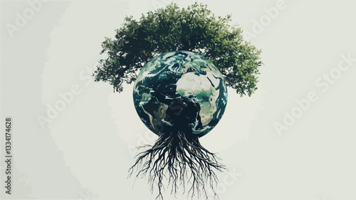 A digital composite image showing a detailed representation of planet Earth nestled within the roots and crowned by the branches and leaves of a lush green tree. The image is set against a muted,
