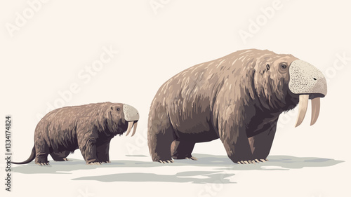 Digital painting depicting two walrus-like mammals, one significantly larger than the other, against a plain white background.  The style is realistic but with a slightly stylized quality.  The