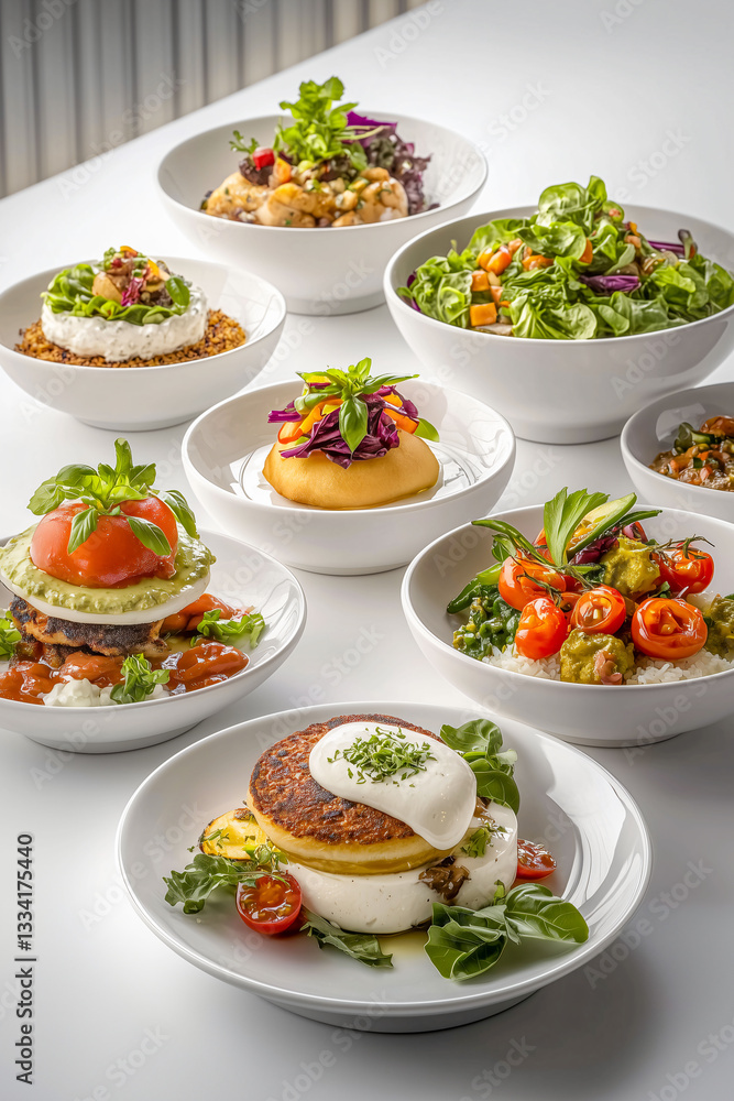 Culinary Harmony: An array of delectable dishes artfully arranged, showcasing fresh ingredients and vibrant flavors, ready to be savored. Culinary Harmony: An array of delectable dishes artfully arranged, showcasing fresh ingredients and vibrant flavors, ready to be savored.