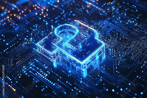 A digital illustration depicting an illuminated lock icon on top of blue circuit board patterns, symbolizing the protection and security associated with network application lifecycle management (ALM) 