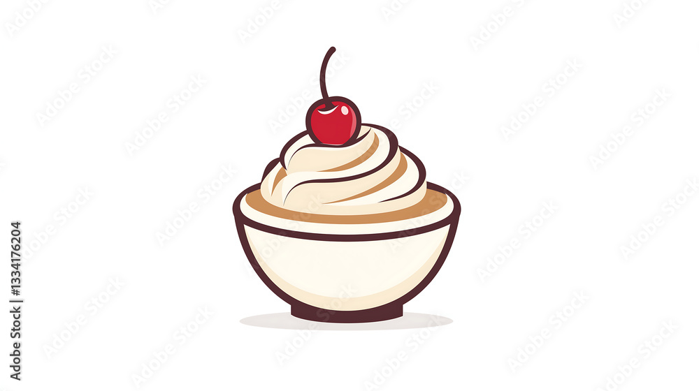 Creamy Vanilla Ice Cream Bowl with Cherry Topping Dessert Illustration Design Creamy Vanilla Ice Cream Bowl with Cherry Topping Dessert Illustration Design