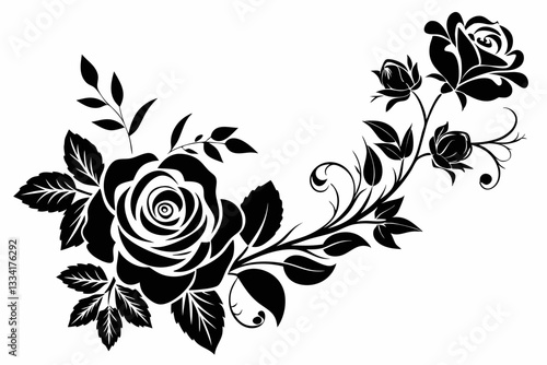 delicate floral corner element featuring roses line art silhouette vector illustration