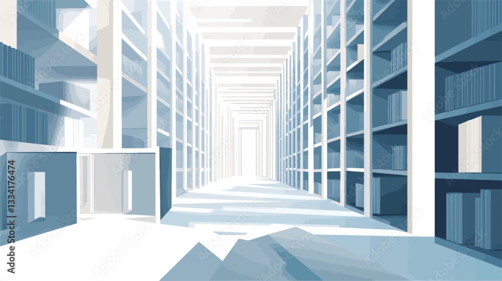 Obraz premium The image presents a digitally rendered, abstract architectural visualization. It depicts a long corridor or hallway lined with numerous bookshelves on both sides. The shelves are rendered in