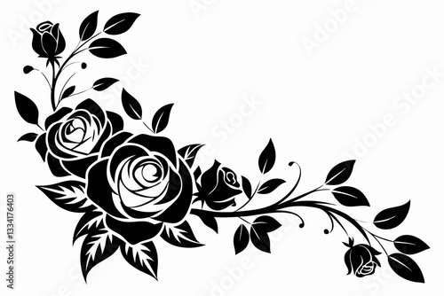 delicate floral corner element featuring roses line art silhouette vector illustration