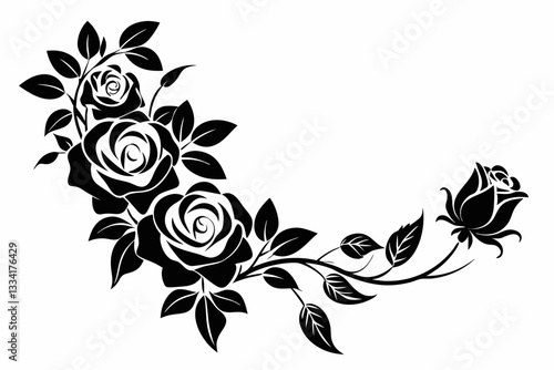 delicate floral corner element featuring roses line art silhouette vector illustration