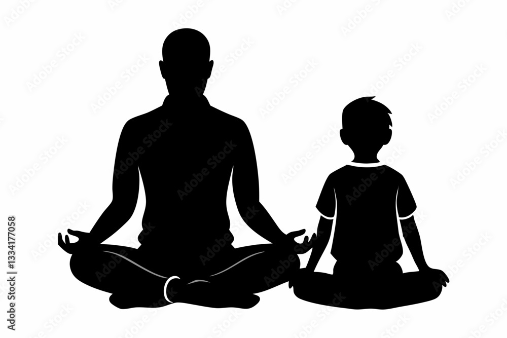 father and son sitting in pose lotus and watching silhouette vector illustration father and son sitting in pose lotus and watching silhouette vector illustration