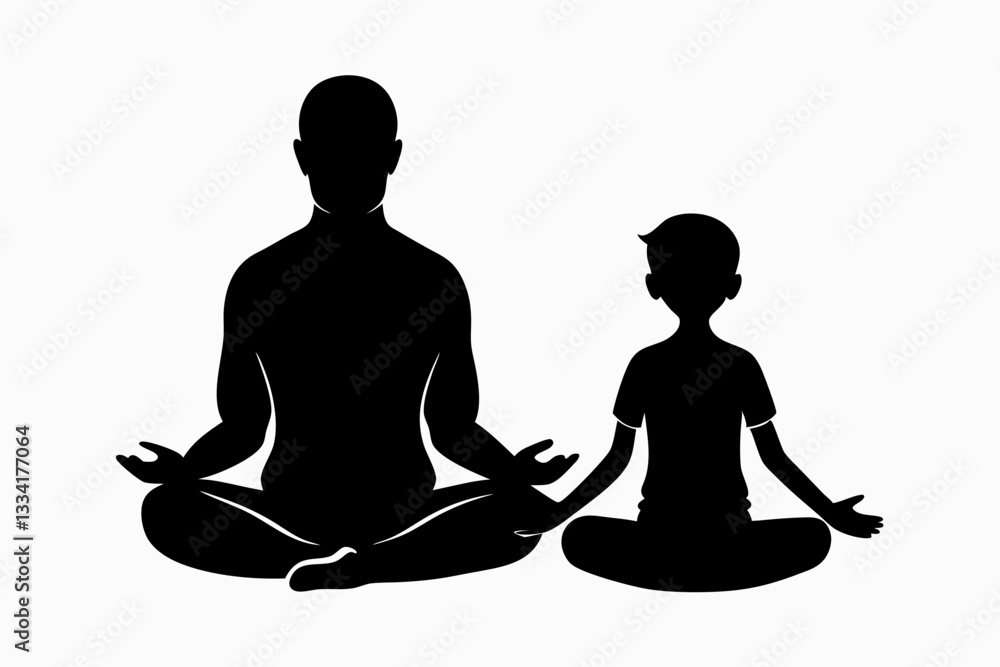 father and son sitting in pose lotus and watching silhouette vector illustration father and son sitting in pose lotus and watching silhouette vector illustration