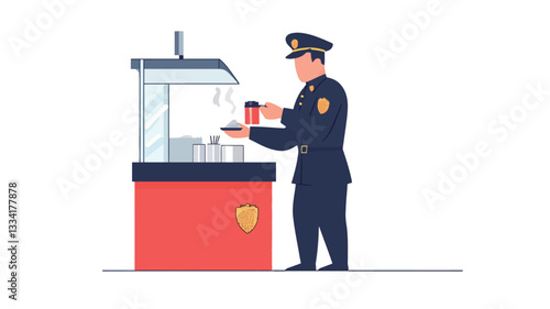A vector illustration depicting a male police officer in a dark blue uniform and cap standing at a red and glass concession stand.  He is holding a tray with cups, appearing to be serving drinks or