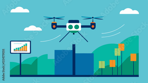 Drone Surveying Crops A drone hovering over a vast field with graphs and data analytics displayed on its screen representing hightech investments in agriculture.