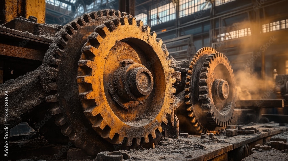 Rusted gears and cogs of an old industrial machine, covered in dust and grime, vintage aesthetic Rusted gears and cogs of an old industrial machine, covered in dust and grime, vintage aesthetic