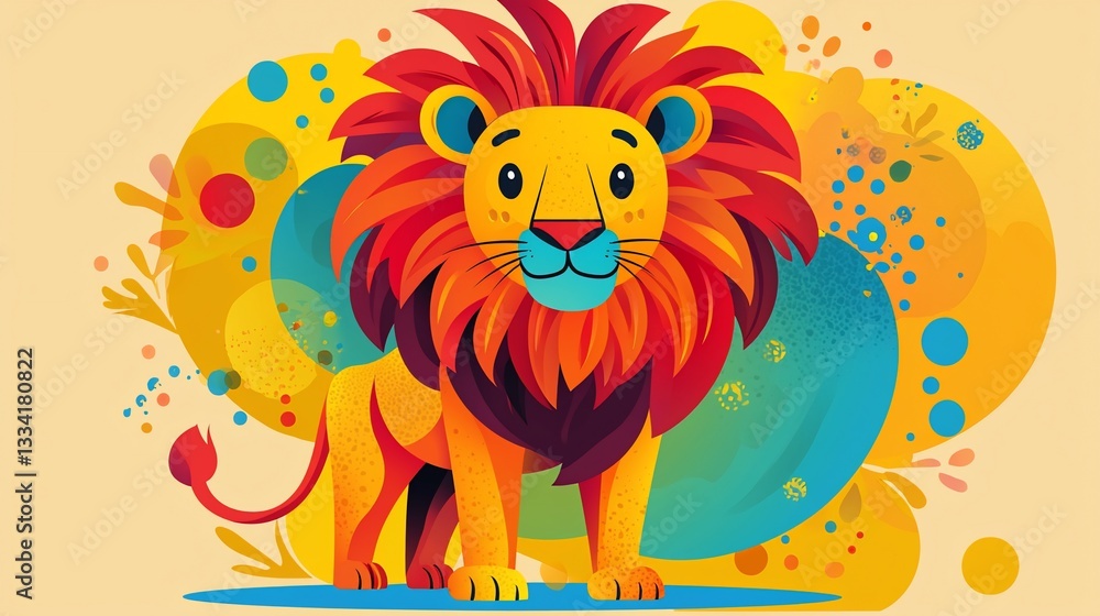 Fototapeta premium Cute Lion Cartoon, Vibrant Background