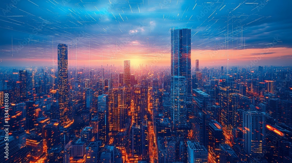 Fototapeta premium Futuristic Cityscape at Sunset with Data Visualization Overlay, modern architecture and advanced digital communication